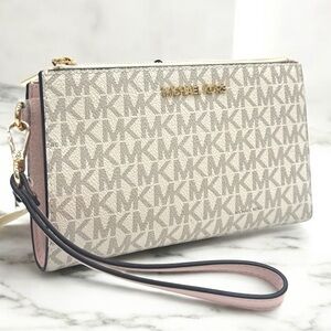 Michael Kors Large Jet Set Travel Double Zip Wallet Powder Blush Multi